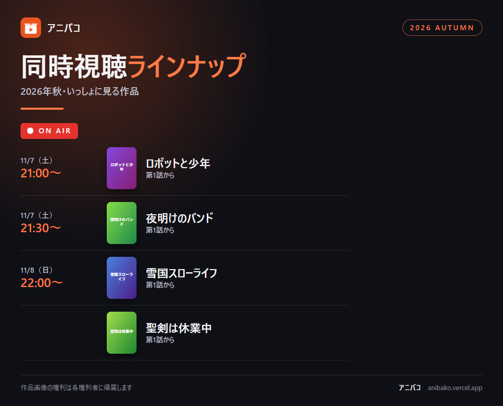 同時視聴ラインナップの画像。配信する日時の順に作品が並ぶ