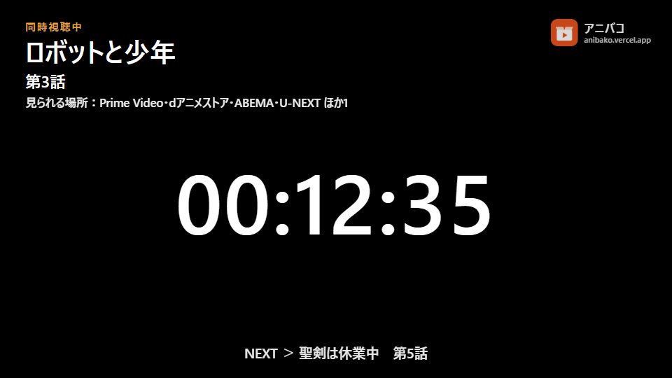 配信用の窓。左上に作品名・話数・見られる配信サービス、真ん中にストップウォッチ、下に次の作品、右上にアニバコのロゴ